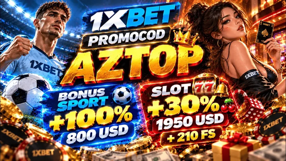 Promo code 1xBet AZTOP gives new players a 100% sport bonus up to 800 USD or 30% slot bonus up to 1950 USD plus 210 free spins
